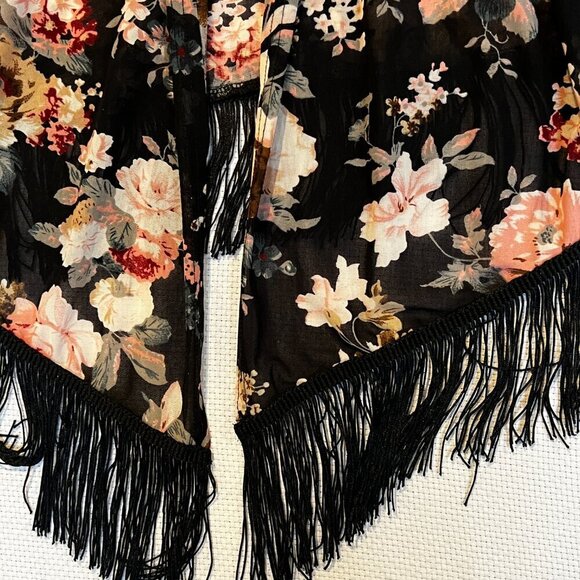 Ember Womens XL Open Front Sheer Kimono Boho Dark Romantic Floral with Fringe - Picture 2 of 11